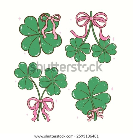 Set of Coquette St Patricks Day Retro 4 Leaf Clover with Pink Bow Shamrock Hand Drawn