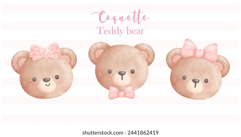 set of Coquette Teddy Bear face with ribbon bow Trendy Retro Vintage Watercolor Illustration banner