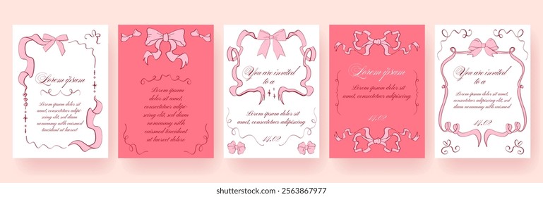 Set of coquette templates with delicate hand drawn pink ribbon frames and bows. Trendy elegant vintage wedding invitations, Valentine’s Day cards, romantic designs, poster, banner designs.