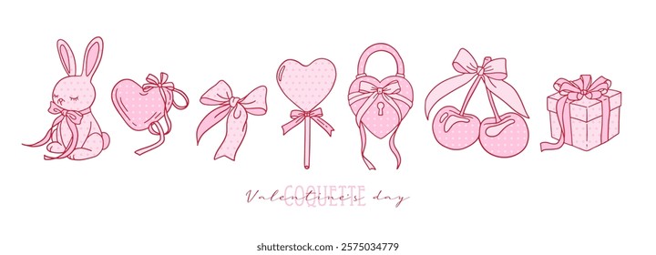 Set of coquette Valentine's day romantic clipart decorated with bow. Various elements with knotted ribbons. Vector contour hand drawn dotted illustrations for posters, cards, logo, printing on t-shirt