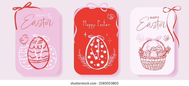 Set of coquette vintage Easter greeting cards. Hand drawn whimsical frames with ribbons and bows. Cute bunnies, flowers, leaves, eggs, and basket. Template for greeting, poster, or banner.