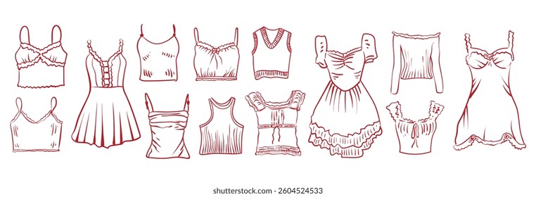 Set of coquette vintage girly clothes, dresses, tops and blouses with lace. Hand drawn background in doodle style.  Vector drawing for invitation, scrapbooking, postcard or personal secret diary.