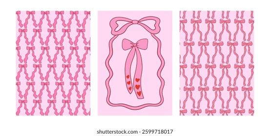 Set of coquette vintage and girly posters. Vector hand drawn illustration and patterns of bows. Perfect for greeting cards, notebook, planner covers, etc.