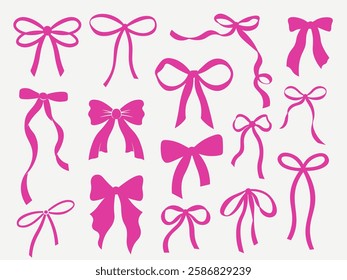 Set of Coquette whimsical hand-drawn pink blue orange green color bows knots and wavy squiggle curly ribbons in trendy, vintage styles. Perfect for quirky holiday, wedding, birthday gift decorations.