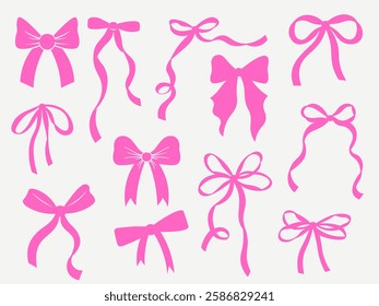 Set of Coquette whimsical hand-drawn pink blue orange green color bows knots and wavy squiggle curly ribbons in trendy, vintage styles. Perfect for quirky holiday, wedding, birthday gift decorations.