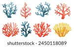 Set of coral images drawn in watercolor on a white background.Sea vector illustration.
