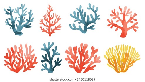 Set of coral images drawn in watercolor on a white background.Sea vector illustration.