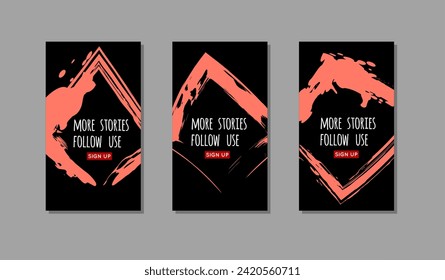 Set of coral ink brush stroke on black background. Japanese style. Vector illustration of grunge stains
