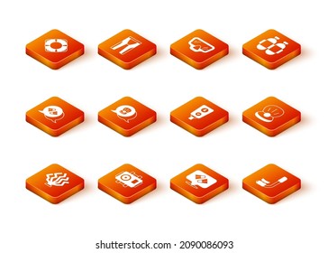 Set Coral, Photo camera for diver, Flippers swimming, Scallop sea shell, Gauge scale, Snorkel and Pearl icon. Vector