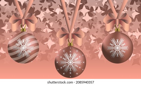 Set of the coral pink christmas balls with ribbons and stars background