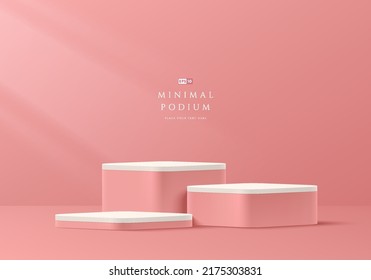 Set of coral pink and white round corner cube pedestal podium. Minimal wall scene. Pastel color abstract room design. Vector geometric rendering 3d shape for cosmetic product display. Stage showcase.