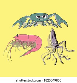 set of coral reef fauna character. can use for seafood symbol, sticker, t-shirt print  etc.