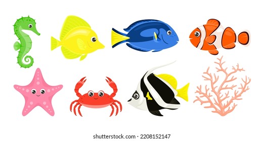 Set of coral reef fish. Cute crab, starfish, bannerfish, blue and yellow tang, zebrasoma, clownfish, seahorse and corals. Sea life. Vector cartoon illustration of ocean animals and fish.