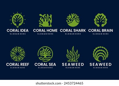 Set of coral reef and seaweed combination vector logo design premium