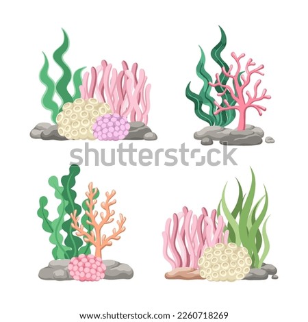 Set of coral reefs with algae, seaweed and rocks in various types cartoon illustration [[stock_photo]] © 