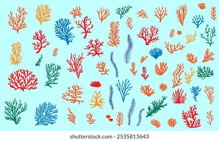 Set of coral reefs and seaweed in different shapes. Vector illustration.