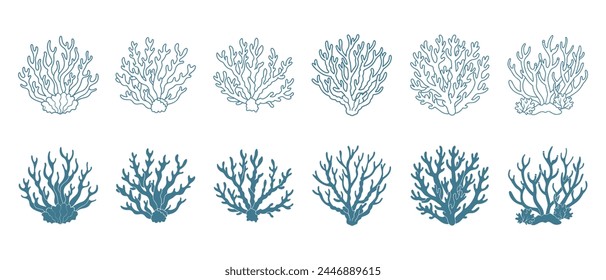 Conjunto de arrecifes de coral o algas, plantas submarinas. Conjunto de iconos de coral marino. Esbozo, ilustración. Vector	