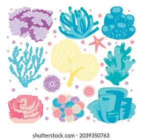 set of corals in pastel colors, purple, yellow, turquoise, blue. cartoon flat style. starfish, underwater world