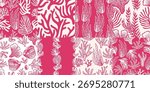 Set of Corals and seaweed seamless patterns. Abstract leaves Botanical Illustration. Underwater sea plants and flora. Hand Drawn set. 