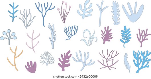 Set corals seaweed silhouette marine plant elements isolated vector decorative elements isolated illustration on white background icons and stamp