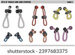 SET OF CORDS WITH TOGGLE STOPPERS FOR WAIST BAND, BAGS, SHOES, JACKETS, SHORTS, PANTS, DRESS GARMENTS, DRAWCORD AGLETS FOR CLOTHING AND ACCESSORIES VECTOR ILLUSTRATION