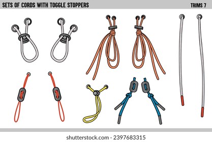 SET OF CORDS WITH TOGGLE STOPPERS FOR WAIST BAND, BAGS, SHOES, JACKETS, SHORTS, PANTS, DRESS GARMENTS, DRAWCORD AGLETS FOR CLOTHING AND ACCESSORIES VECTOR ILLUSTRATION