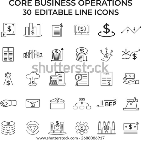 Set of core business operations editable line icons showing finance, management, marketing, sales, accounting, and productivity concepts, ideal for presentations, infographics, and corporate designs.