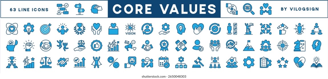 Set of core value icon vector. Contains innovation, goals, target, responsibility, quality, teamwork, performance, commitment, integrity, passion, trust, mission success, client, idea. Illustration