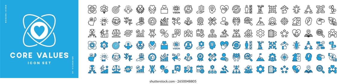Set of core value icon vector. Contains innovation, goals, target, responsibility, quality, teamwork, performance, commitment, integrity, passion, trust, mission success, client, idea. Illustration