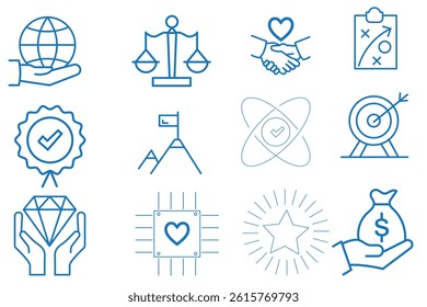 Set of core values icon vector. Containing business, empathy, service, Integrity, mission target, innovation, friendship, technology, success, responsibility. Illustration