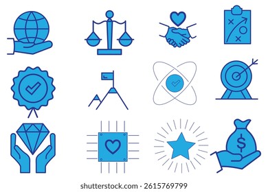 Set of core values icon vector. Containing business, empathy, service, Integrity, mission target, innovation, friendship, technology, success, responsibility. Illustration
