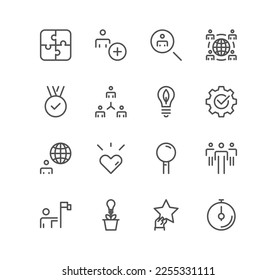 Set of core values related icons, personal, interaction, external business oriented values and linear variety vectors.