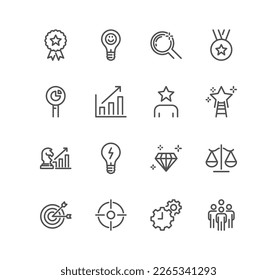 Set of core values related icons, growth, chart, innovation and linear variety vectors.