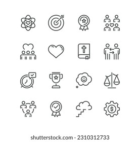 Set of core values related icons, diversity, exceptional, innovative, accountability, empathy, performance, process, progress, external business oriented values and linear variety vectors.
