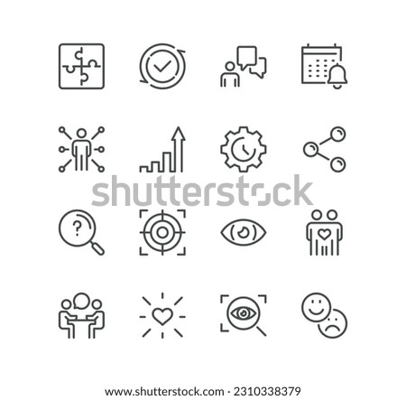 Set of core values related icons, diversity, exceptional, innovative, accountability, empathy, performance, process, progress, external business oriented values and linear variety vectors.