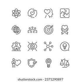 Set of core values as trust related icons, integrity, environment, empowerment, strategy, morality, and linear variety vectors.