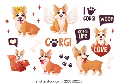 Set corgi dog stickers with crown, wings, sitting, adorable pet, activities in cartoon style isolated on white background. Comic emotional character, funny pose