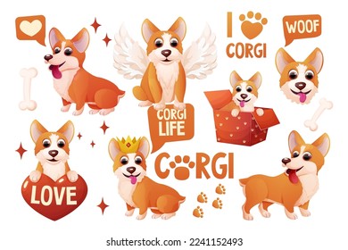 Set corgi dog stickers with crown, wings, sitting, adorable pet, activities in cartoon style isolated on white background. Comic emotional character, funny pose