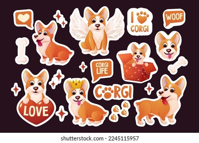 Set corgi dog stickers with crown, wings, sitting, adorable pet, activities in cartoon style isolated on white background. Comic emotional character, funny pose