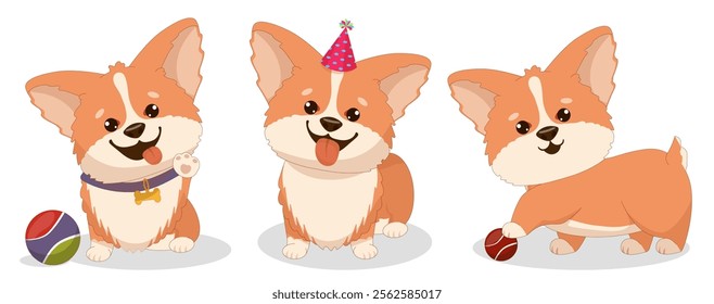 Set of corgi dogs in different poses cheerful puppy sitting with a ball, puppy in a cap, puppy with a basketball. Vector illustration for a poster, greeting card or invitation