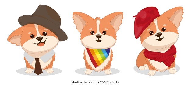 Set of corgi dogs in a hat, a rainbow neckerchief and in a beret and scarf. Vector illustration for a poster, greeting card or invitation