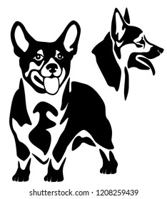 Set of corgi isolated on white background with silhouette of a corgi head.  Perfect as  sticker for cars or as wall design. Simple Illustration. Template for Laser cutting, die cut, stamp or logo.