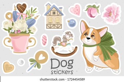 Set of Corgi stickers and icons. Cute dog with romantic items. Vector illustration.
 Printing on fabric, paper, postcards, invitations.
