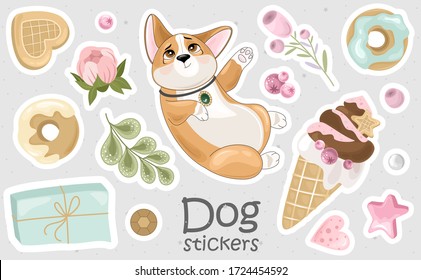 Set of Corgi stickers and icons. Cute dog with romantic items. Vector illustration.
 Printing on fabric, paper, postcards, invitations.
