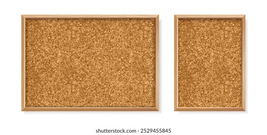 Set of cork boards. Wall cork boards with brown texture in wooden frames. Business Reminder Boards for Office and School. Realistic 3D vector illustration collection isolated on white background