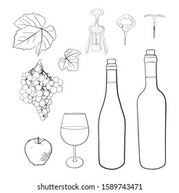 Set of corkscrew, bottle, wineglass, grapes, leaves and apple. Hand drawn sketch. Isolated on white background.