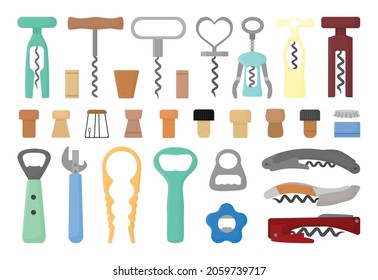 Set of corkscrews, bottle openers and bottle caps.