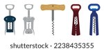 Set of corkscrews in a flat style. Vector illustration of different types of wine bottle openers isolated on white background.