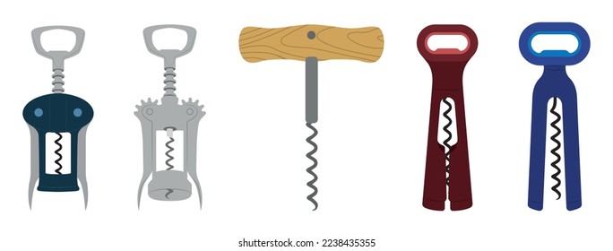 Set of corkscrews in a flat style. Vector illustration of different types of wine bottle openers isolated on white background.