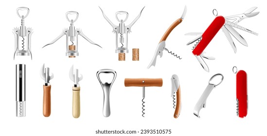 A set of corkscrews and openers. Wine Bottle Opener, can opener, electronic rechargeable corkscrew, sommeliers knife with corkscrew and Swiss Army knife or pocket knife. Realistic 3d vector, isolated